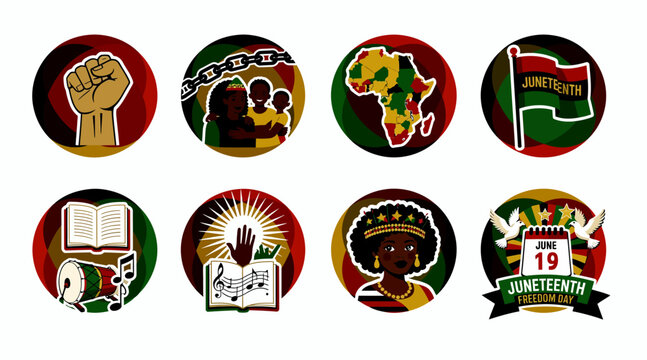Juneteenth celebration icons, freedom symbols