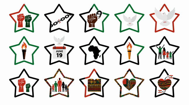 Juneteenth Celebration Symbols: Stars with Afro-centric, Freedom, and Unity Motifs