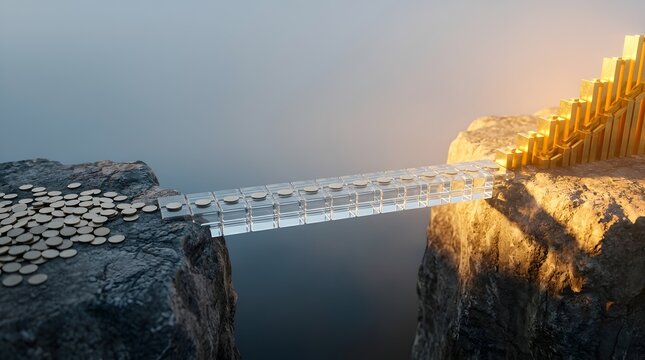 Financial strategy bridge crossing gap towards golden rising graph representing investment success and economic growth