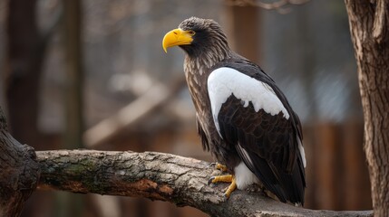 Obraz premium 16.Powerful Stellerâ€™s sea eagle perched on thick tree branch, massive yellow beak and intense gaze, dark chocolate brown feathers with contrasting white shoulders and tail, blurred enclosure