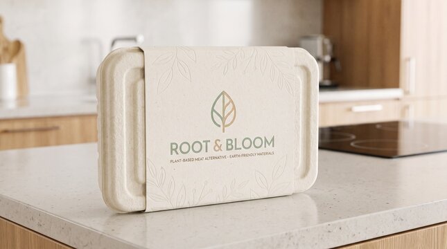 Beige lunch box with Root  Bloom logo on kitchen countertop with wooden cabinets and induction cooktop in background, modern minimalistic design