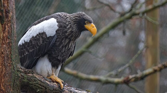 19.Side profile of Steller&acirc;&euro;&trade;s sea eagle perched in tree, hooked beak and thick neck feathers detailed, textured bark beneath talons, subtle fencing blur in background indicating captive environment,