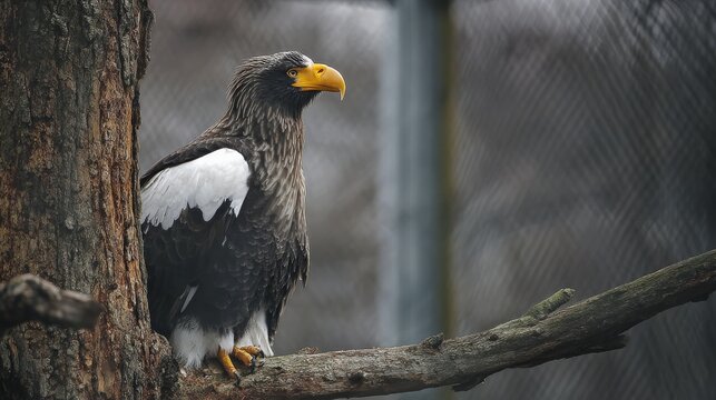 19.Side profile of Steller&acirc;&euro;&trade;s sea eagle perched in tree, hooked beak and thick neck feathers detailed, textured bark beneath talons, subtle fencing blur in background indicating captive environment,