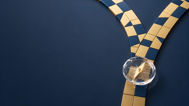 Strategic business decision concept showing gold and blue tiled forked path with compass pointing towards future corporate direction