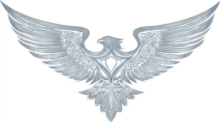 Fototapeta premium 33.Stylized eagle emblem with spread wings forming shield shape, streamlined curves and pointed feather tips, vector icon with thick outline and subtle inner line details, dynamic forward motion