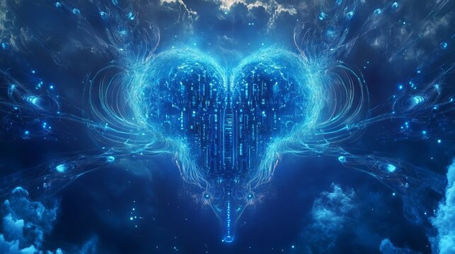 Digital Art. Heart Shape. Futuristic Technology Elements.