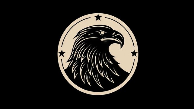 36.Classic eagle badge icon in vintage-inspired vector style, bold head silhouette with flowing feather lines, circular border with star accents implied, solid fill and outline combination, compact