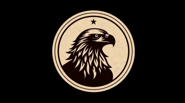36.Classic eagle badge icon in vintage-inspired vector style, bold head silhouette with flowing feather lines, circular border with star accents implied, solid fill and outline combination, compact