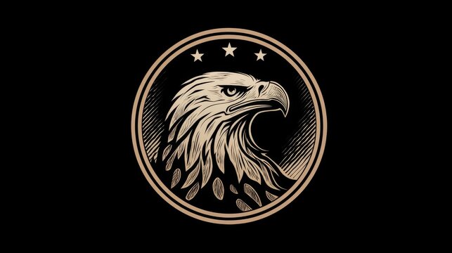 36.Classic eagle badge icon in vintage-inspired vector style, bold head silhouette with flowing feather lines, circular border with star accents implied, solid fill and outline combination, compact
