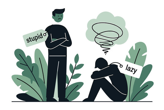 Social labeling and mental pressure concept with people suffering from negative tags like stupid and lazy, feeling anxious.