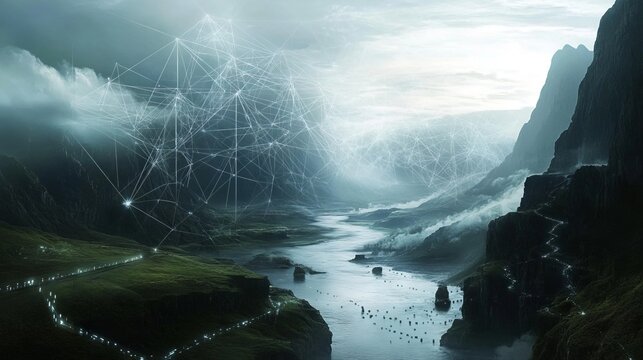 Digital Art. Abstract Landscape. Futuristic Connections.