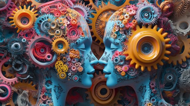 Surreal. Human Faces. Gears. Colors. Creativity.