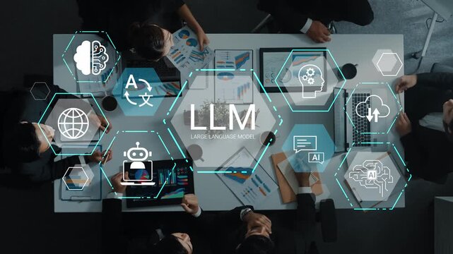 Team Collaboration Around Large Language Model Concept with Data Visualizations and Technology Icons in Modern Office Setting Gluon.