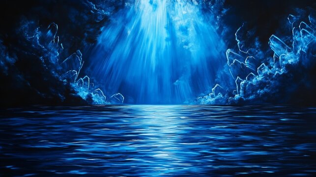 Digital Art. Blue Ocean. Light Rays, Water, Abstract Clouds.