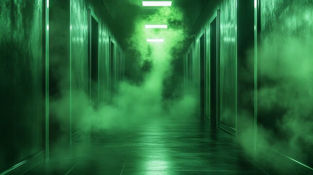 Surreal. Corridor. Green Light, Fog, Mystery.