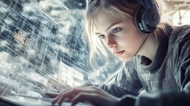 Digital Art. Gamer. Focused Girl with Headphones.