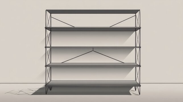 76.Simple vector wireframe shelf illustration, thin uniform lines forming metal rack, neutral background, emphasis on geometry and symmetry, modern industrial furnishing element, uncluttered design