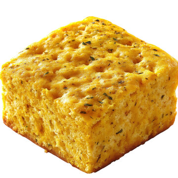 Golden cornbread square with herb sprinkling rustic texture and warm tone isolated on white background