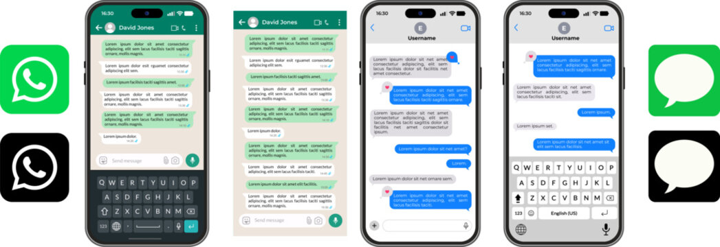 WhatsApp, Instagram social media messaging application interface display, showcasing chat windows on smartphone screens, designed as a modern mockup