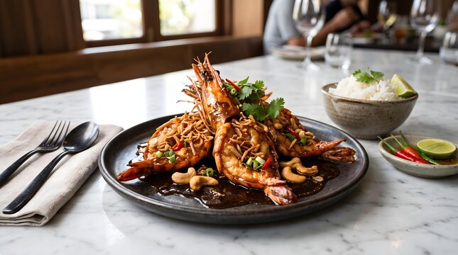 Central Thai Culinary featuring beautifully plated traditional dishes Gourmet Seafood Delight: Asian Fusion Grilled Prawns with Cashews and Fresh Cilantro on Rustic Plate
