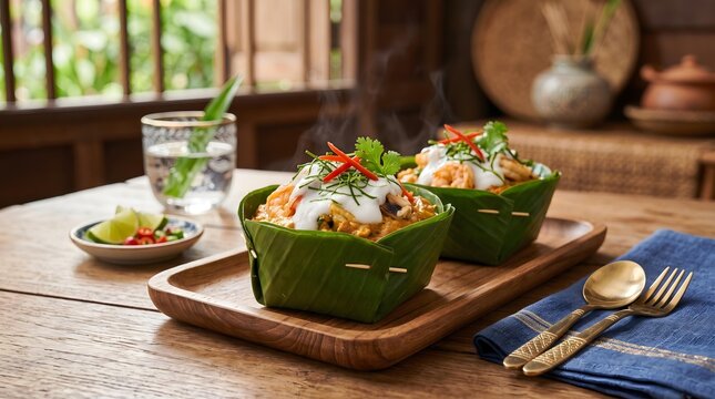 Central Thai Culinary featuring beautifully plated traditional dishes Authentic Thai Hor Mok Seafood Cups in Banana Leaves with Coconut Cream Garnish on Rustic Wooden Table Setting
