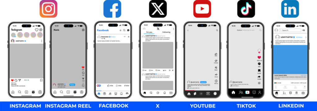 Instagram, Facebook, X, YouTube, TikTok, LinkedIn smartphone social media interface collection, displaying multiple platforms, captured in a clean mock-up