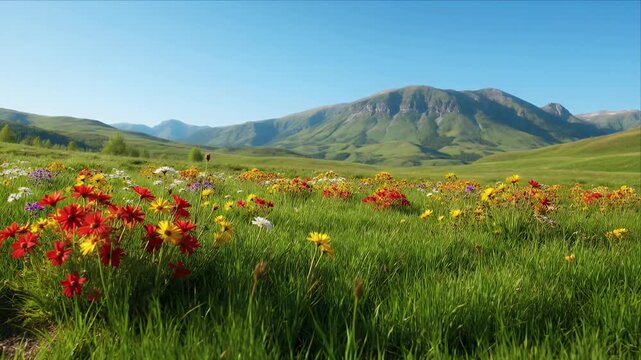 Colorful flower field wildflower meadow green grass mountain landscape blue sky spring summer nature background scenic rural field with tranquil wildflower meadow lush green grass and distant