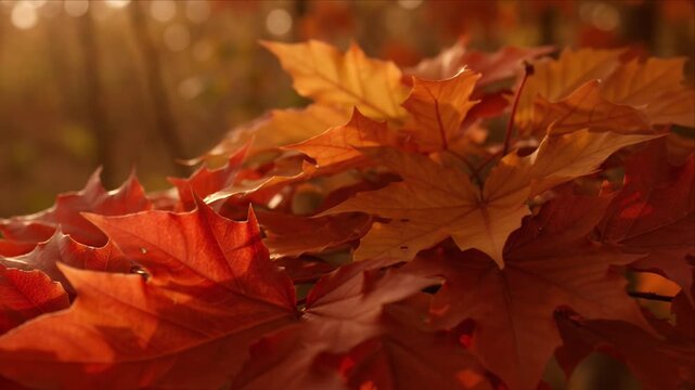 Warm autumn leaf fall foliage orange maple red sunlight nature golden background seasonal forest tree closeup natural texture tranquil scenic detail outdoor dreamy warm glow serene autumn foliage