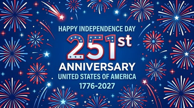 USA 251st Independence Day Greeting Background with Fireworks