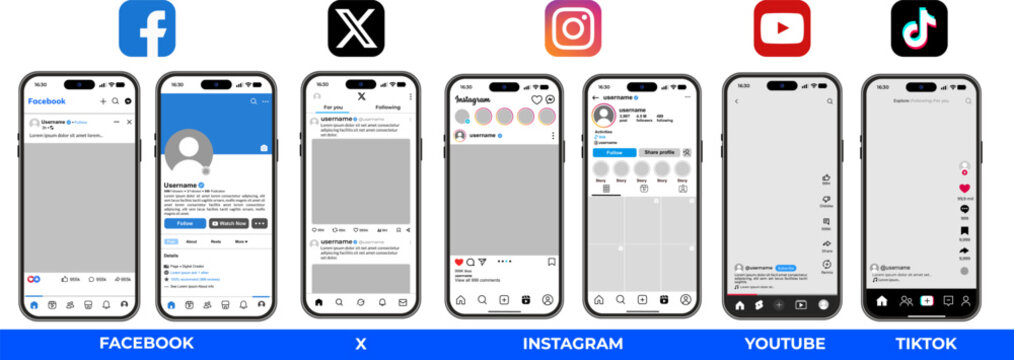 Facebook, X, Instagram, YouTube, TikTok mobile application interface design compilation, featuring popular social media platforms, presented as a clear mockup