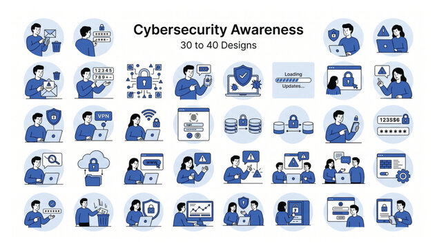 Cybersecurity Data Protection Flat Vector Illustration Collection Featuring Internet Security, Password Protection, Computer Safety, Digital Privacy and Technology Concepts