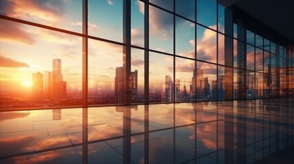 Fototapeta premium Modern office building or business center. High-rise window buildings made of glass reflect the clouds and the sunlight. empty street outside wall modernity civilization. growing up business