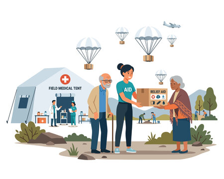 A volunteer distributes relief aid to elderly people near a field medical tent, with aid packages parachuting from the sky.