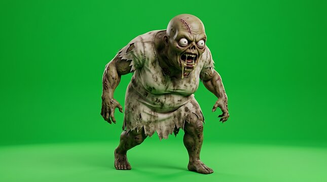 A terrifyingly grotesque creature shambles forward with glowing eyes and tattered rags against a vibrant emerald chromakey expanse, embodying the primal fear of the undead