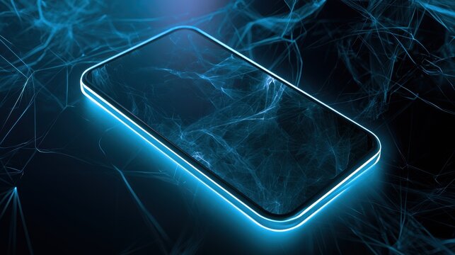 Smartphone on technology background. Neon glowing mobile phone on abstract dark background. Futuristic network connection