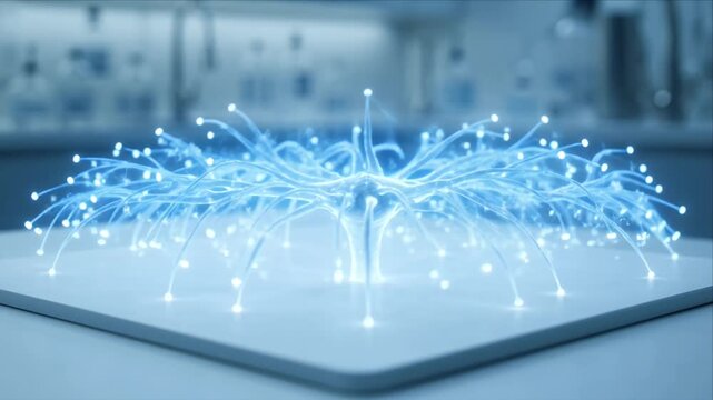 Healthcare technology network concept white platform with glowing fiber optic connection and blue light modern laboratory, healthcare technology concept with glowing neural model tablet