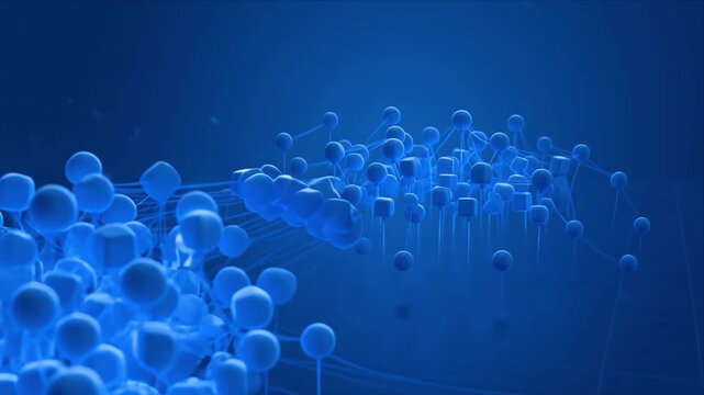 Technology Healthcare Abstract Network Blue Sphere Connection Digital Data System Innovation Medical Science Future Digital Communication Illustration of 3D Sphere and Cube Connected Line Blue