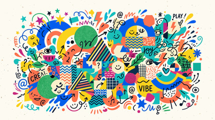 Obraz premium Playful vibrant abstract doodle illustration with characters.