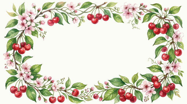 Vector Floral Frame Design with Cherry Blossoms and Berries in Organic Vintage Style Bright Red and Green Colors