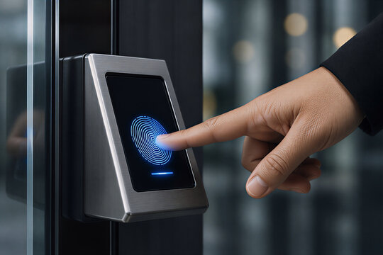 Fingerprint scanner on door with hand for biometric security and access control