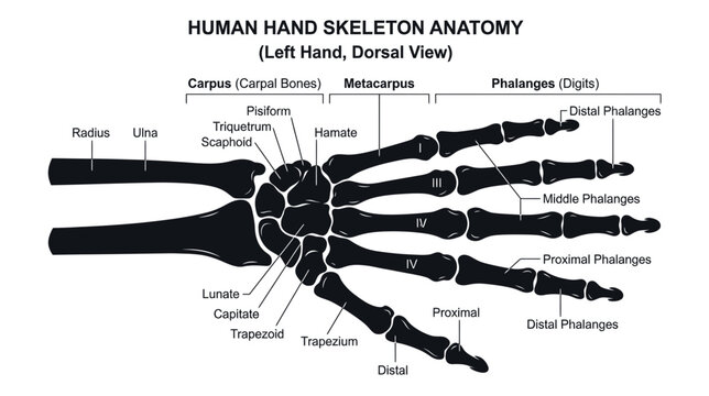 Human Hand Skeleton Anatomy - Dorsal View of Left Hand Bones