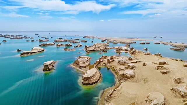 Aerial drone shot of water yardang landforms surrounded by turquoise water in the Qaidam Basin, Qinghai, China