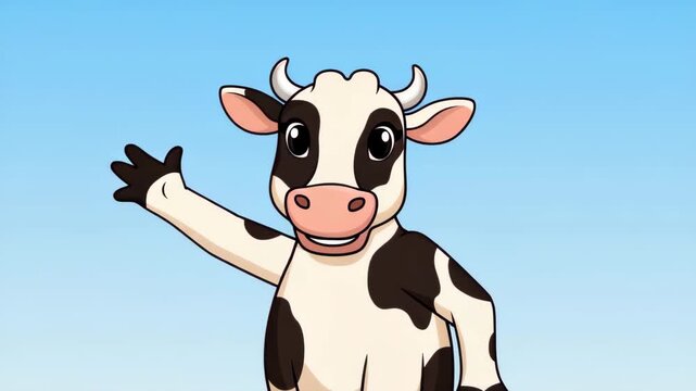 Friendly Cartoon Cow Waving Hello on Blue Background