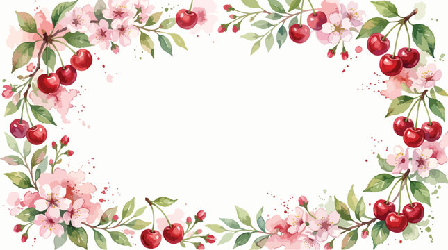Floral Frame Vector Pattern with Cherry Blossom and Cherries in Romantic Vintage Style in Soft Pink Green Colors