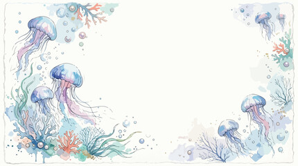 Obraz premium Watercolor Style Vector Background with Jellyfish and Coral Elements in Soft Pastel Colors for Marine Themed Designs