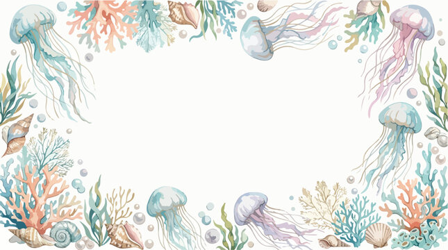 Vector Border Illustration with Jellyfish Coral and Shell Elements in Organic Style
