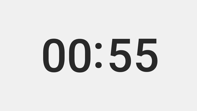 Video animation of a stopwatch with sliding numbers that count down from one minute to zero - 60 seconds countdown.
