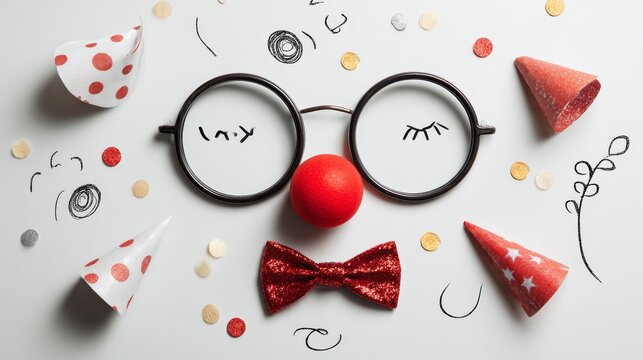 quirky character disguise kit with silly glasses, big red nose, party bowtie, confetti, and hand-drawn festive doodles, white background