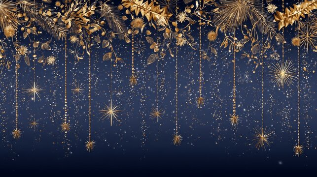 festive winter vector border with shiny garlands, golden starbursts, dust trails, and glowing light effects, delicate and luxurious style