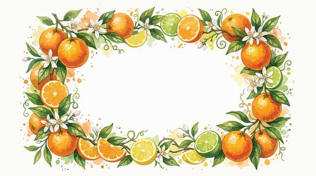 Vector Floral Frame with Citrus Fruits and White Blossoms in Organic Style